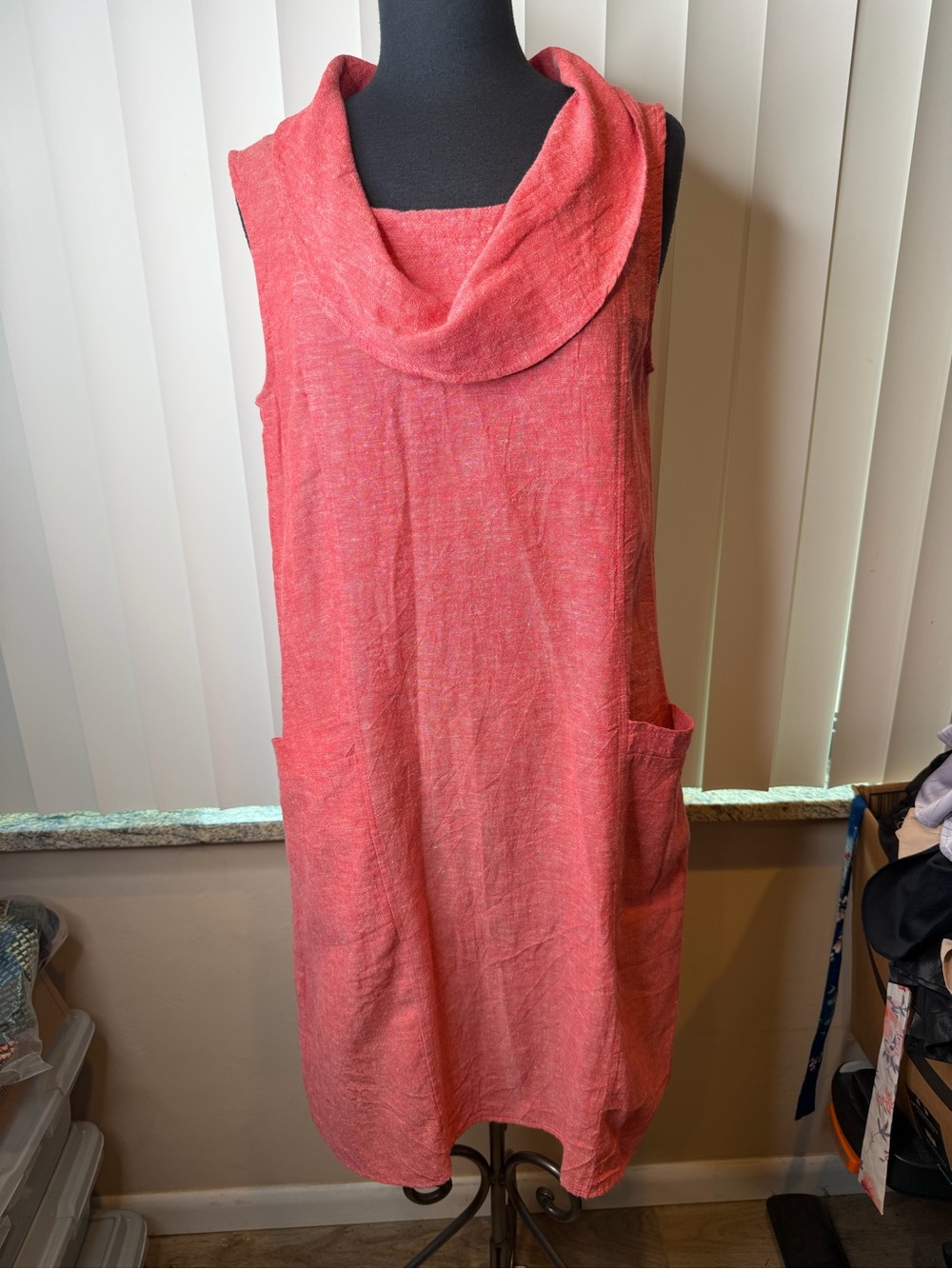 W.Lane coral pink 100% linen  cowl neck tunic dress front patch pockets Size 12